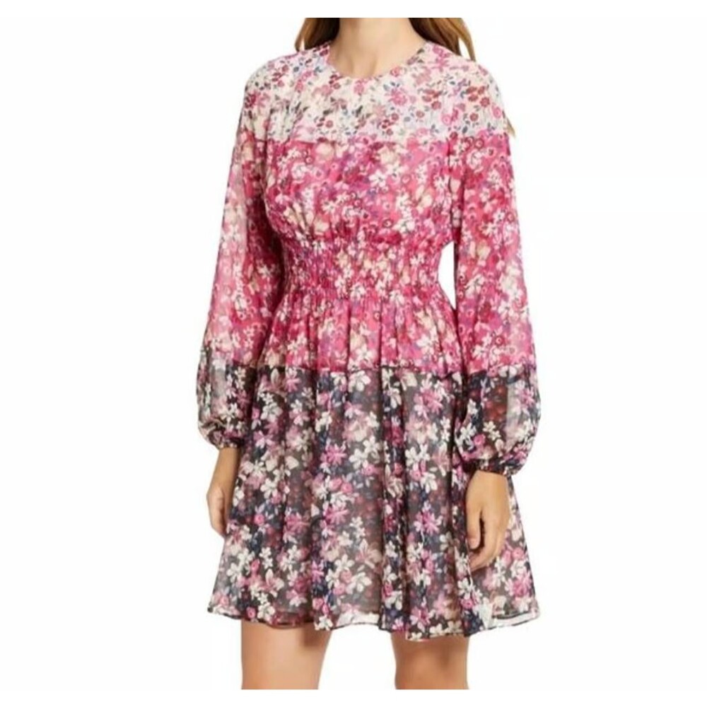 Eliza J Colorblock Floral Smocked Waist Long Sleeve Dress Size 4P
